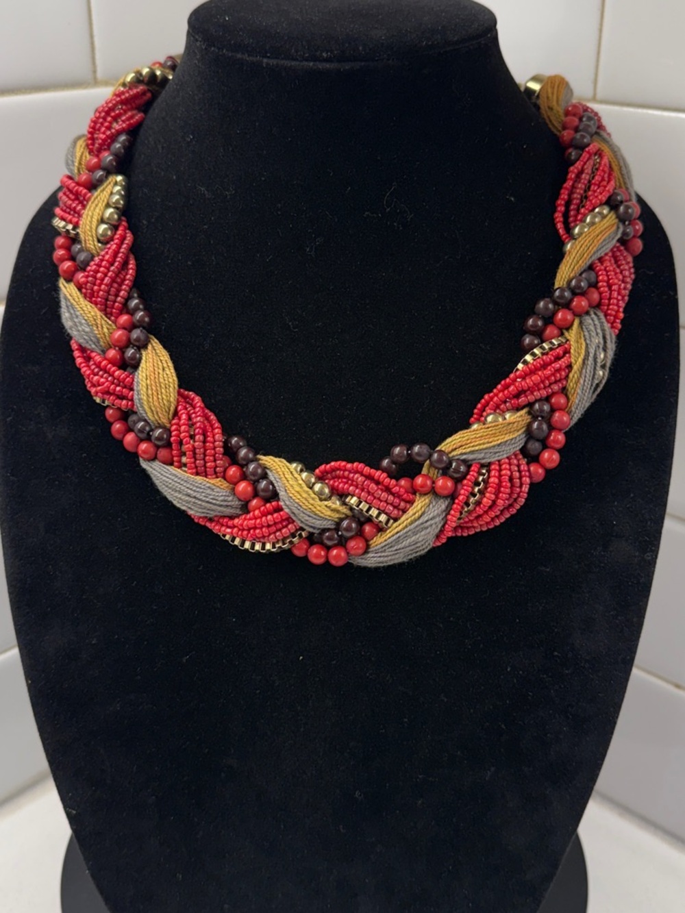 Chunky Braided Red, Gold & Gray Beaded Statement Necklace
